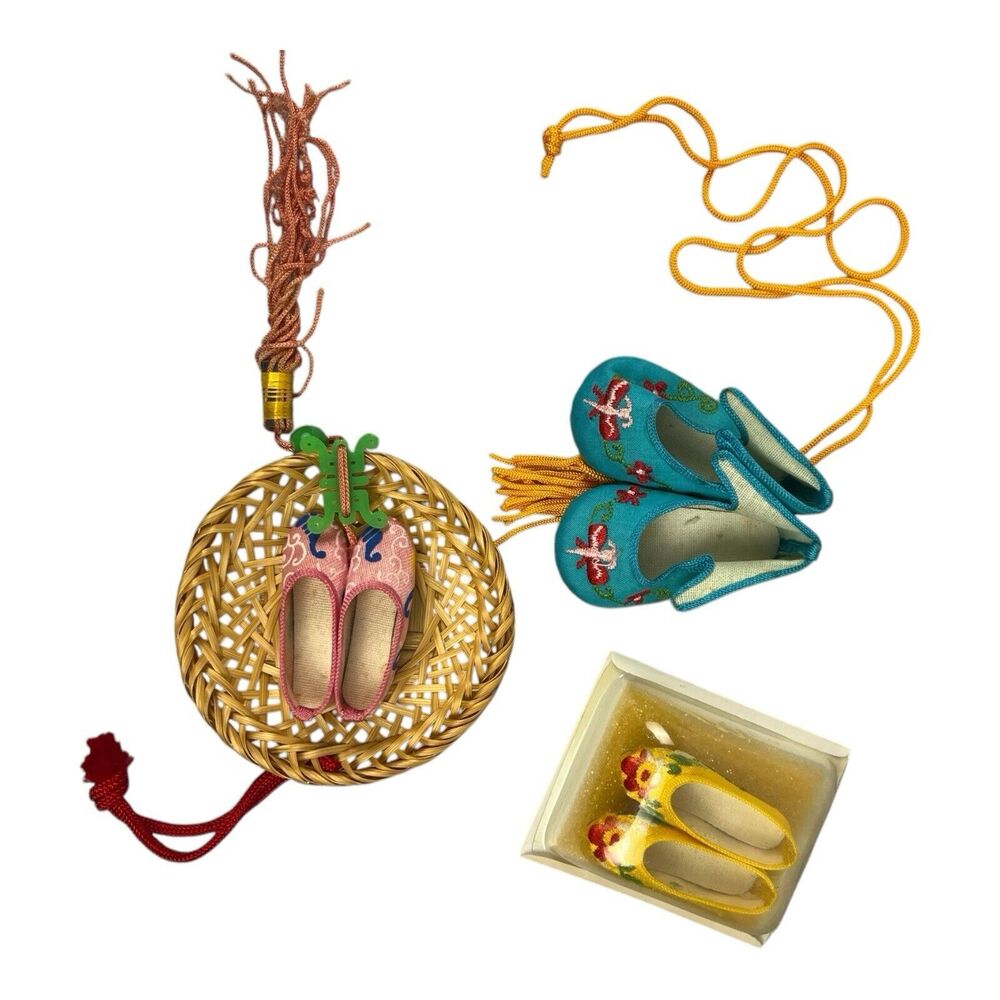 Chinese Wealth, Fortune Decorative Shoes 3 Pair Tassels Hanging Decor